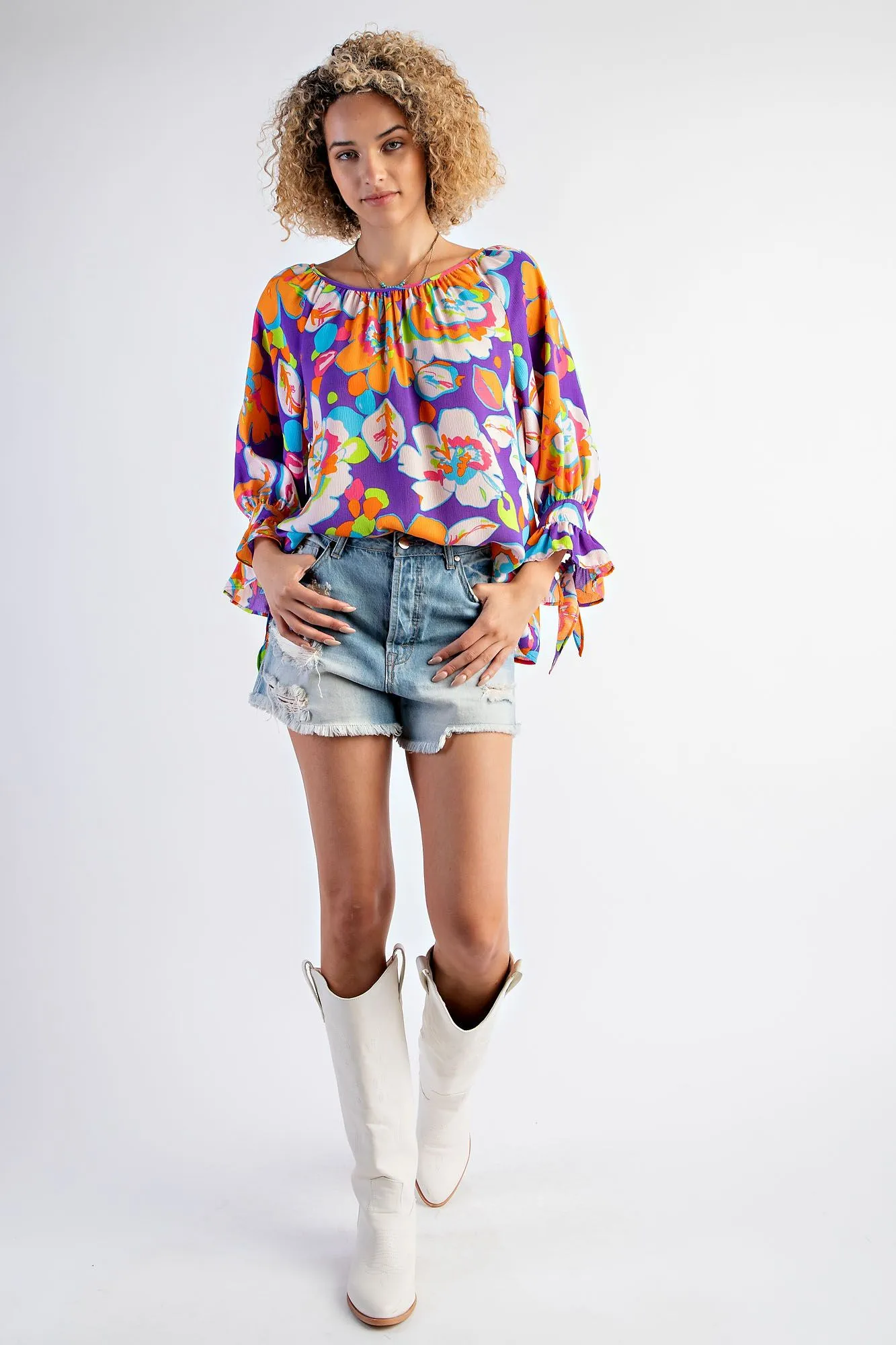 FLORAL PRINTED MIRABELLE SATIN BLOUSE