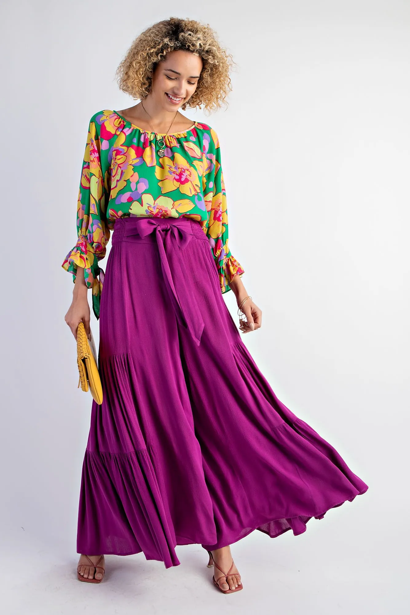 FLORAL PRINTED MIRABELLE SATIN BLOUSE