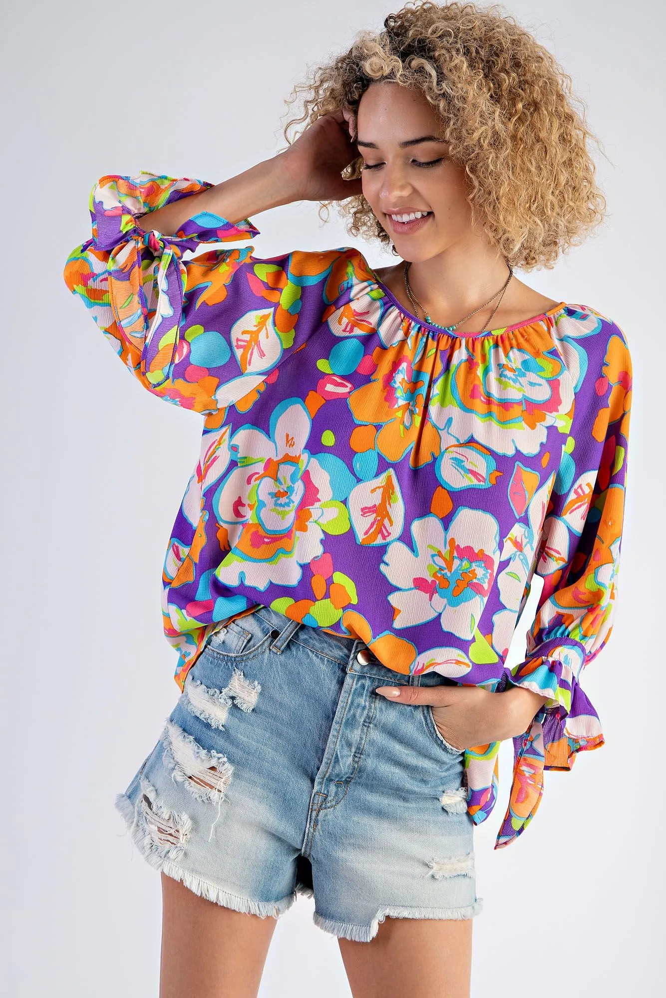 FLORAL PRINTED MIRABELLE SATIN BLOUSE
