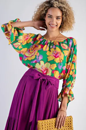 FLORAL PRINTED MIRABELLE SATIN BLOUSE