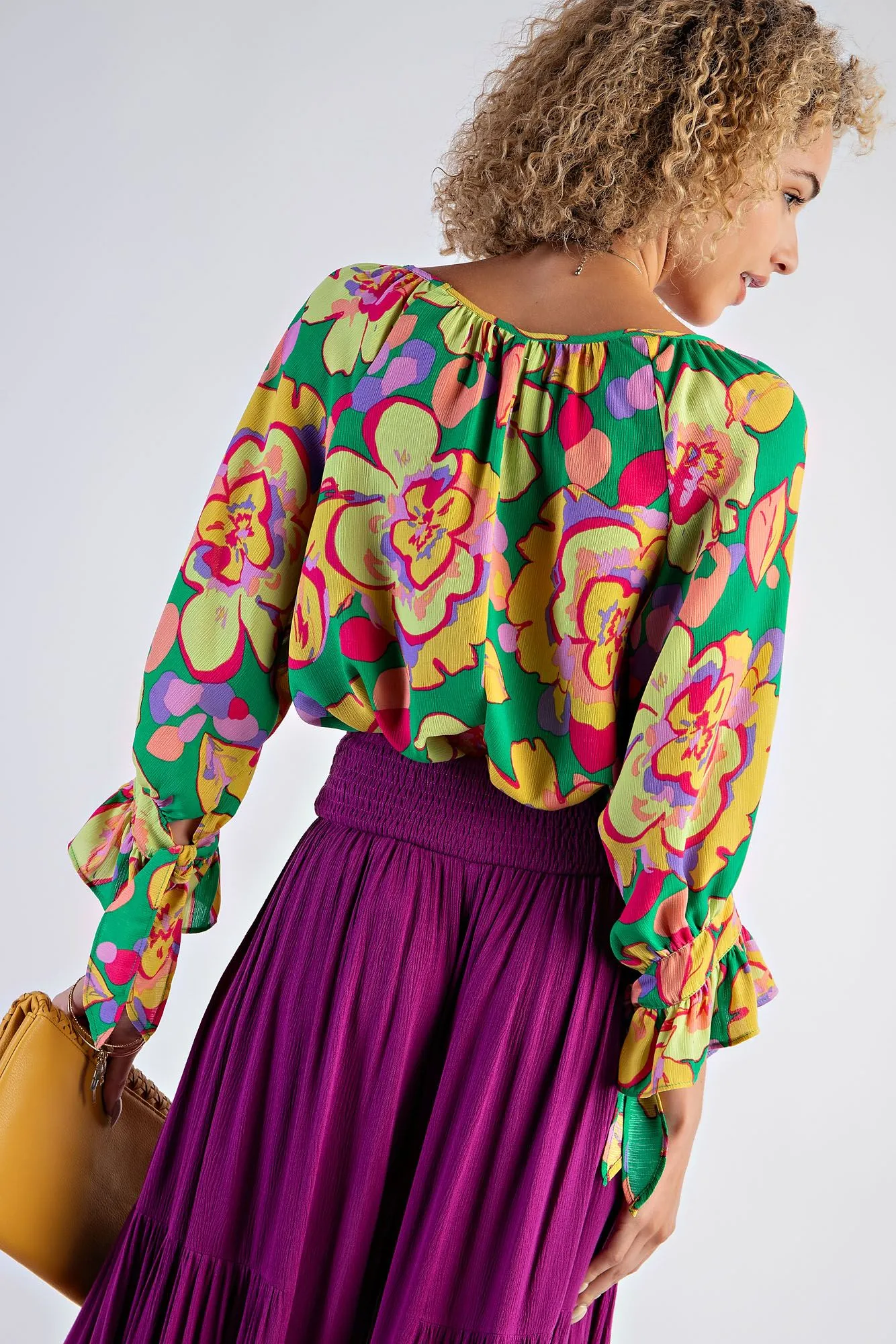 FLORAL PRINTED MIRABELLE SATIN BLOUSE
