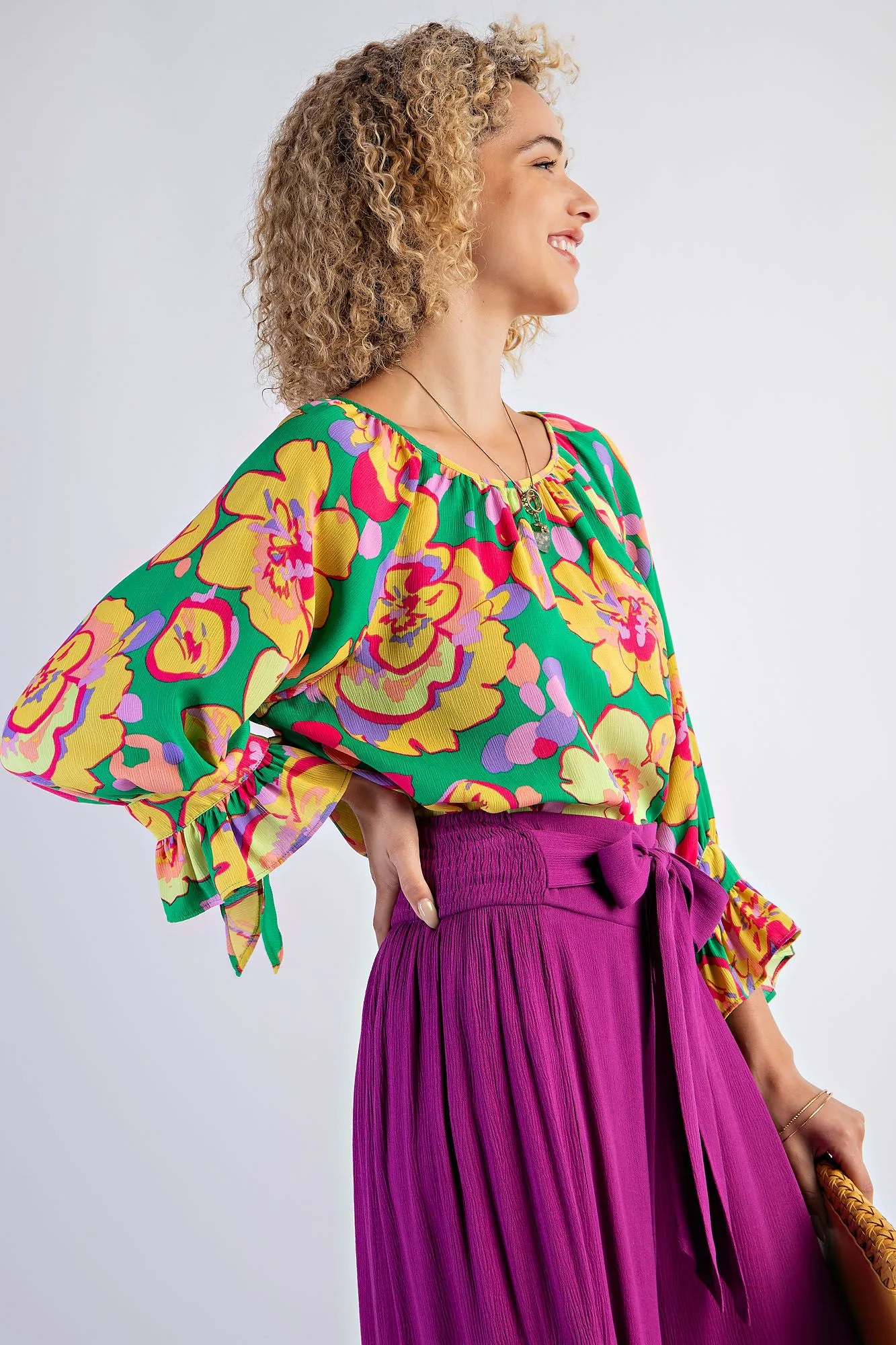FLORAL PRINTED MIRABELLE SATIN BLOUSE