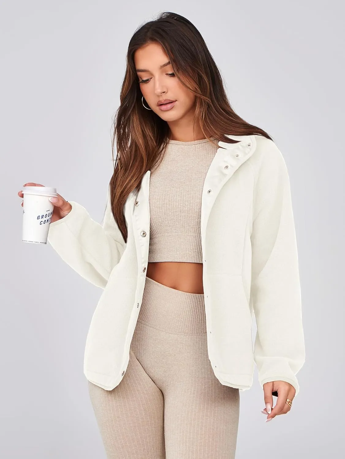 Glamaker women's Fleece Sherpa Jacket Winter Coats Long Sleeve Casual Button Fuzzy Cropped Sweatshirt Outerwear With Pockets