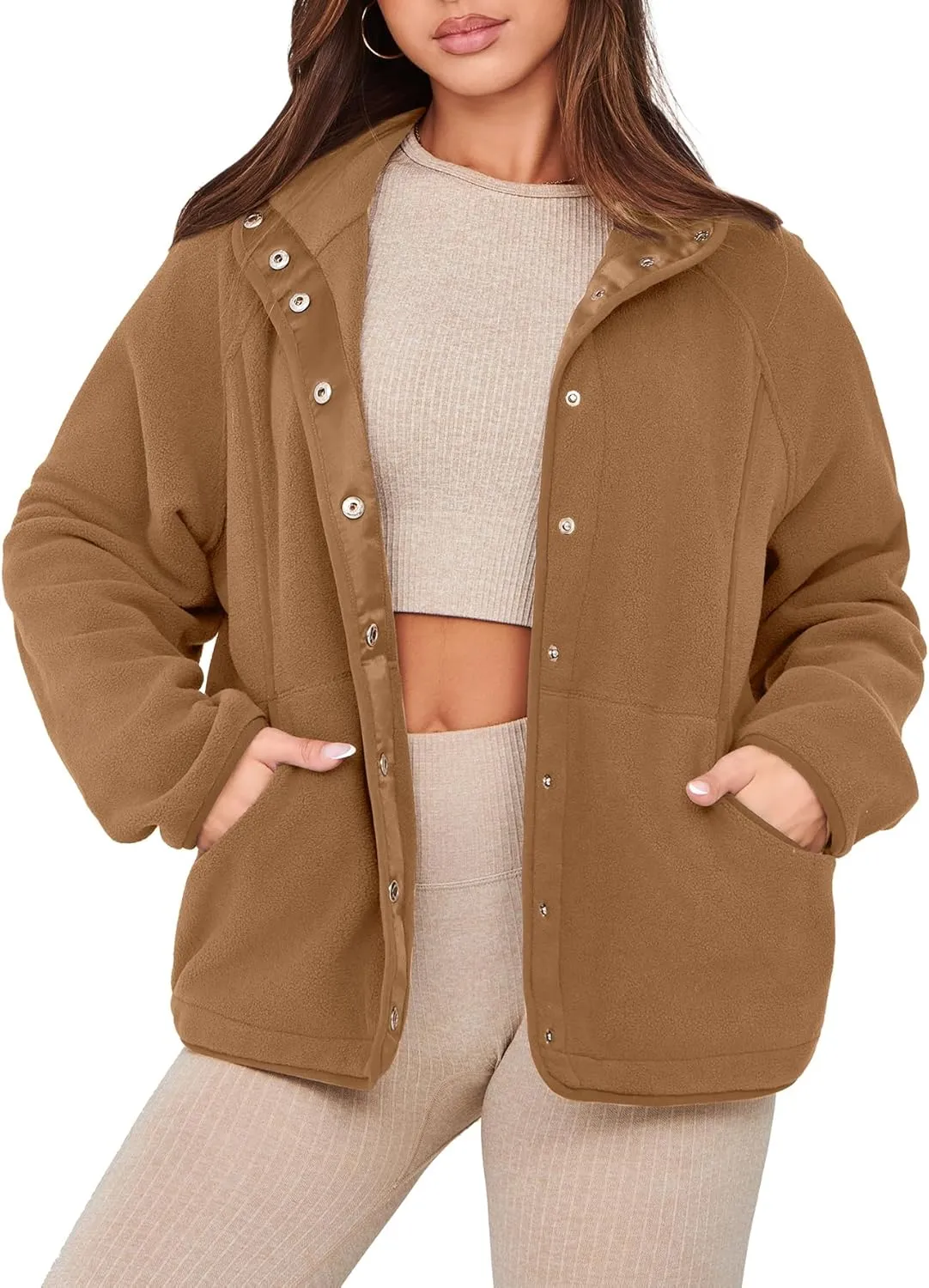 Glamaker women's Fleece Sherpa Jacket Winter Coats Long Sleeve Casual Button Fuzzy Cropped Sweatshirt Outerwear With Pockets