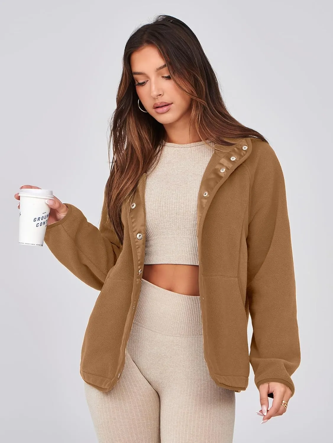 Glamaker women's Fleece Sherpa Jacket Winter Coats Long Sleeve Casual Button Fuzzy Cropped Sweatshirt Outerwear With Pockets
