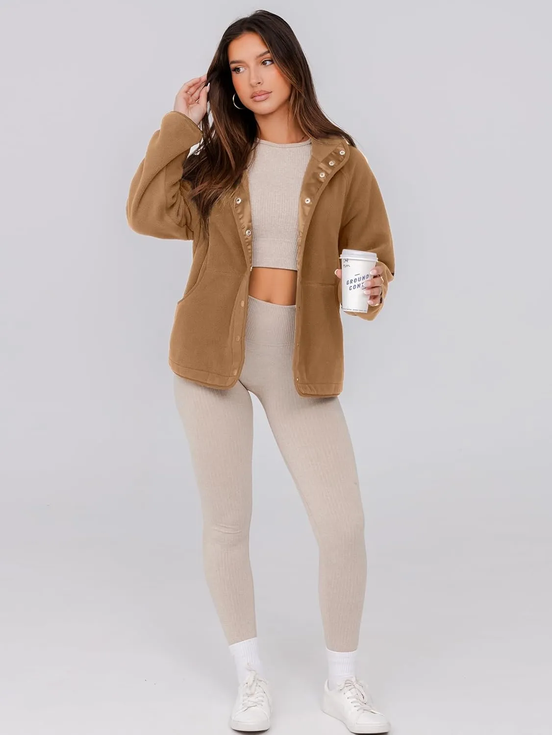 Glamaker women's Fleece Sherpa Jacket Winter Coats Long Sleeve Casual Button Fuzzy Cropped Sweatshirt Outerwear With Pockets