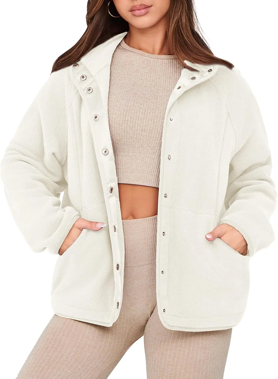 Glamaker women's Fleece Sherpa Jacket Winter Coats Long Sleeve Casual Button Fuzzy Cropped Sweatshirt Outerwear With Pockets
