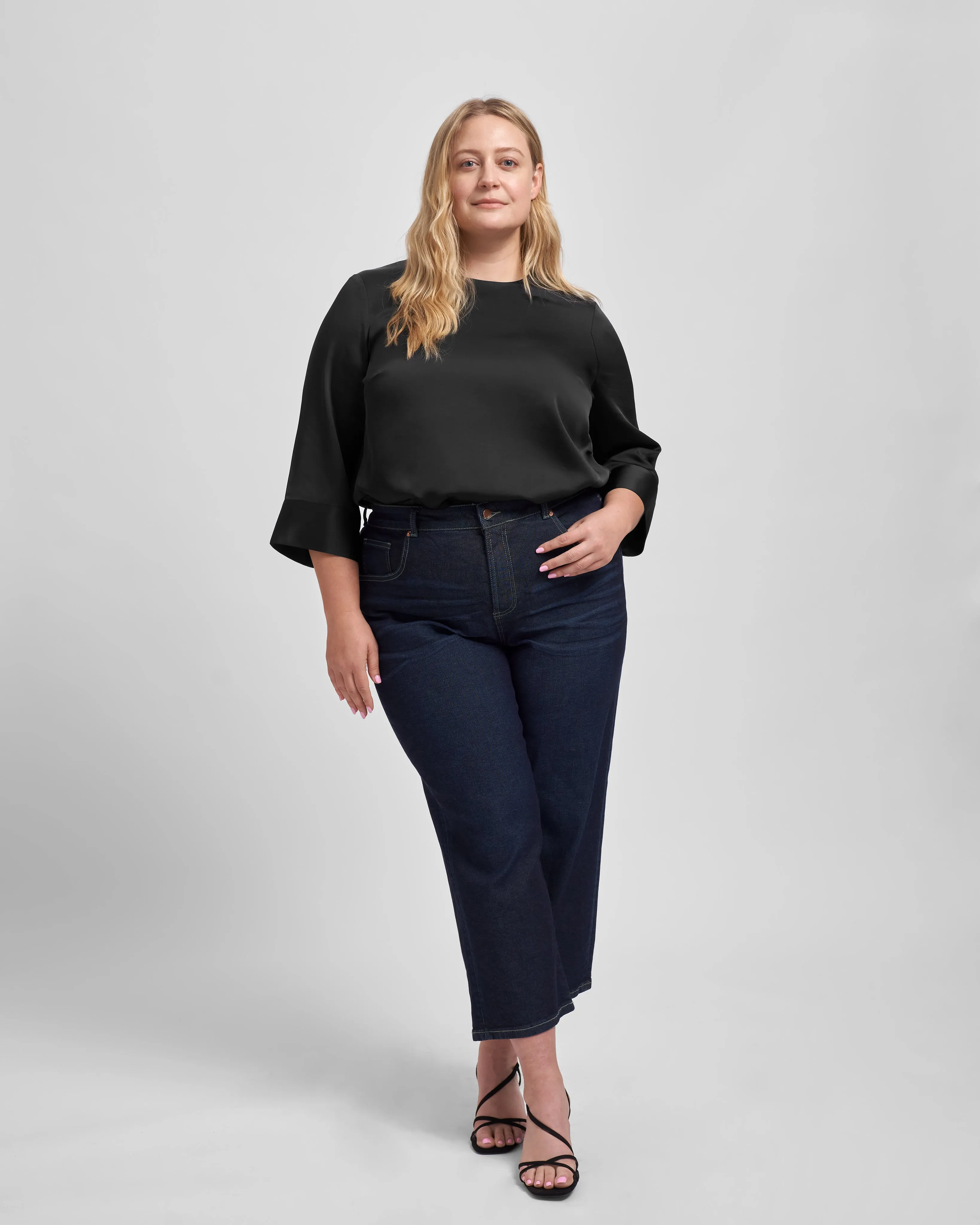 Louise Long Sleeve Satin Blouse - Black