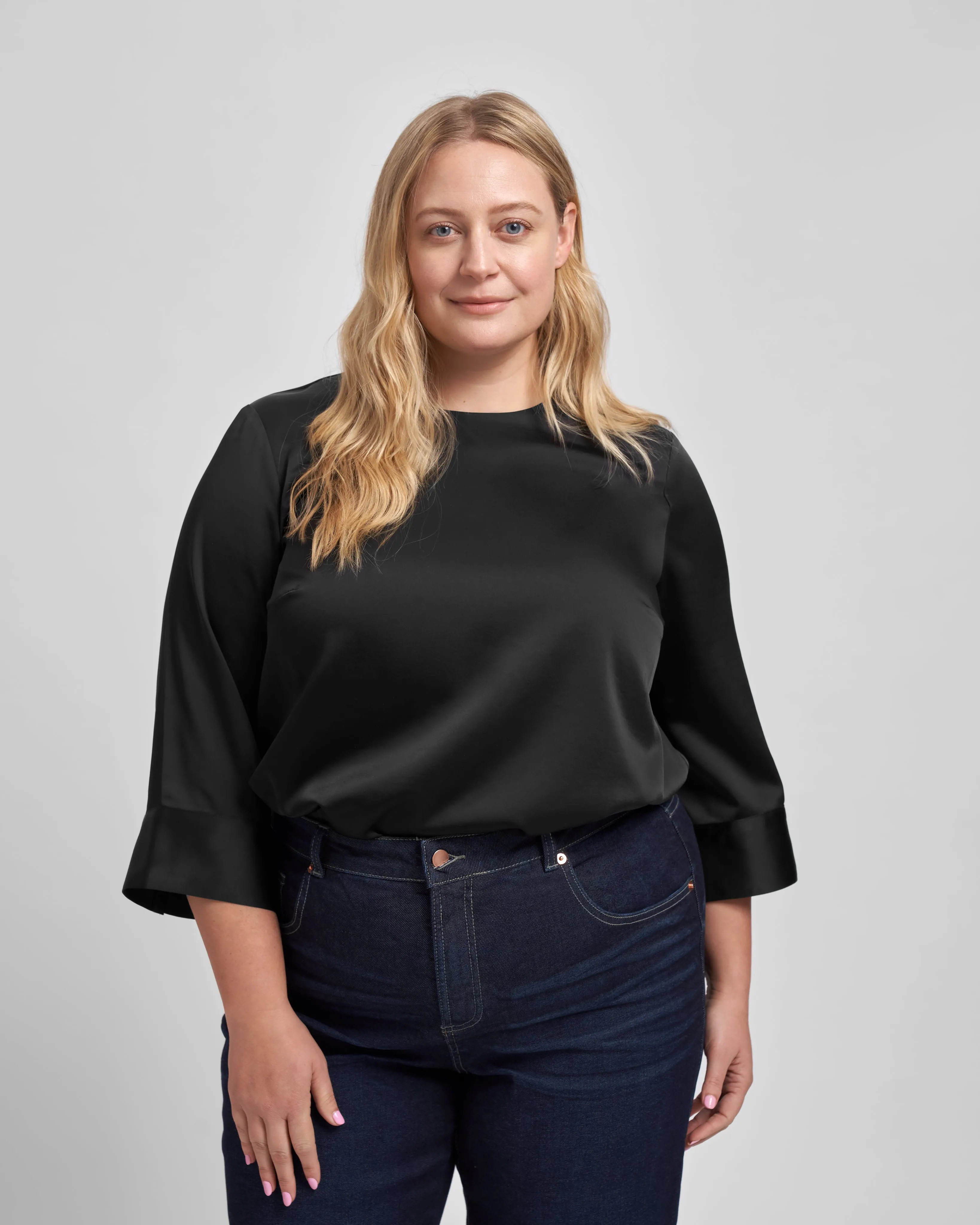 Louise Long Sleeve Satin Blouse - Black