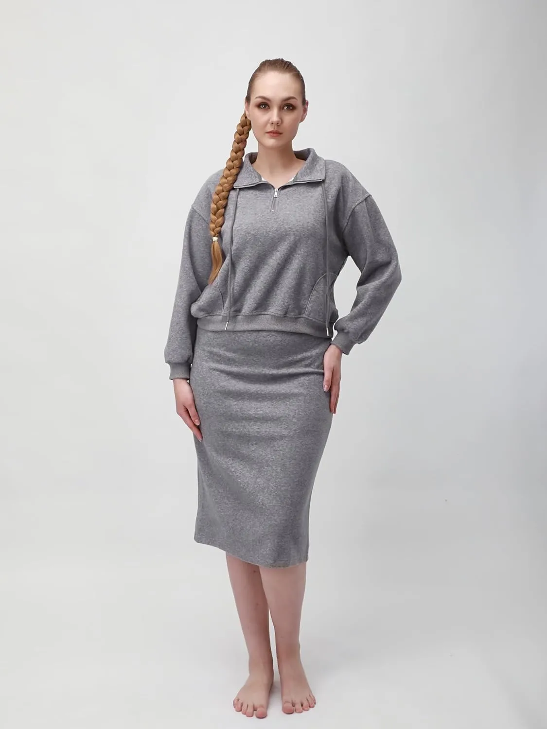 Lounge Co-ord Set - Grey Sweat Skirt, Quarter-Zip Hoodie & Midi Skirt - Cozy Comfort, Relaxed Fit, Perfect for Home or Errands, Women's Style