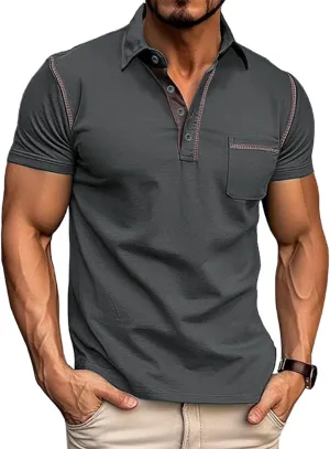 Men's Fashion Polo Shirts Classic Short Sleeve Lightweight Button Cotton T-Shirt Casual Golf Tee Tops with Pocket