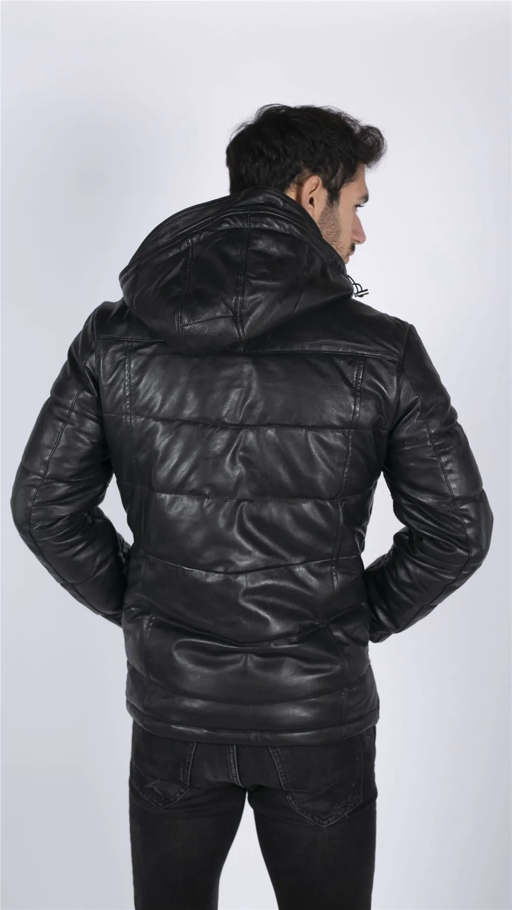Men's Puffer Hood Quilted Jacket Leather Black 80s Classic