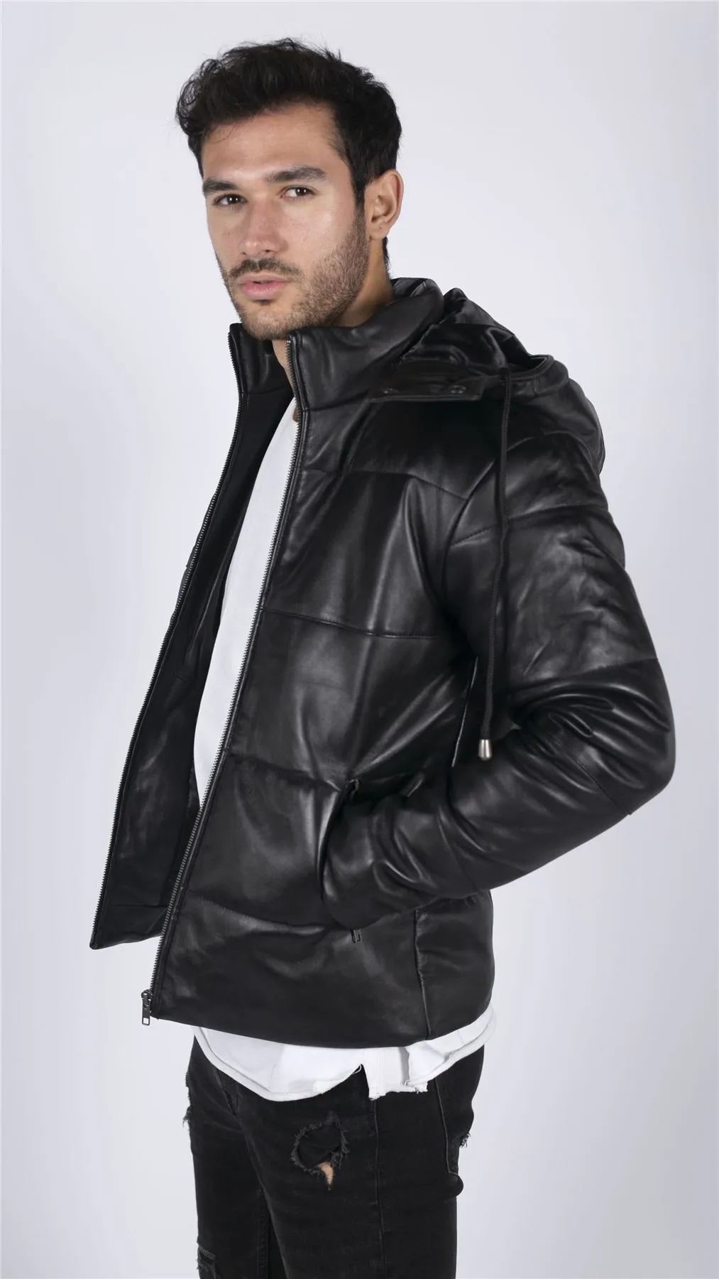 Men's Puffer Hood Quilted Jacket Leather Black 80s Classic