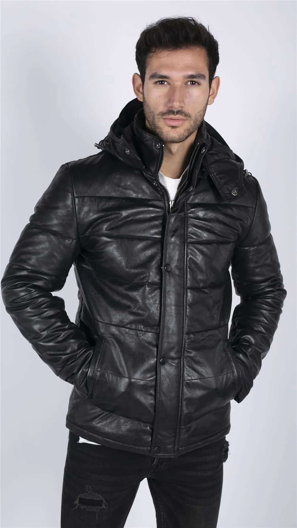 Men's Puffer Hood Quilted Jacket Leather Black 80s Classic