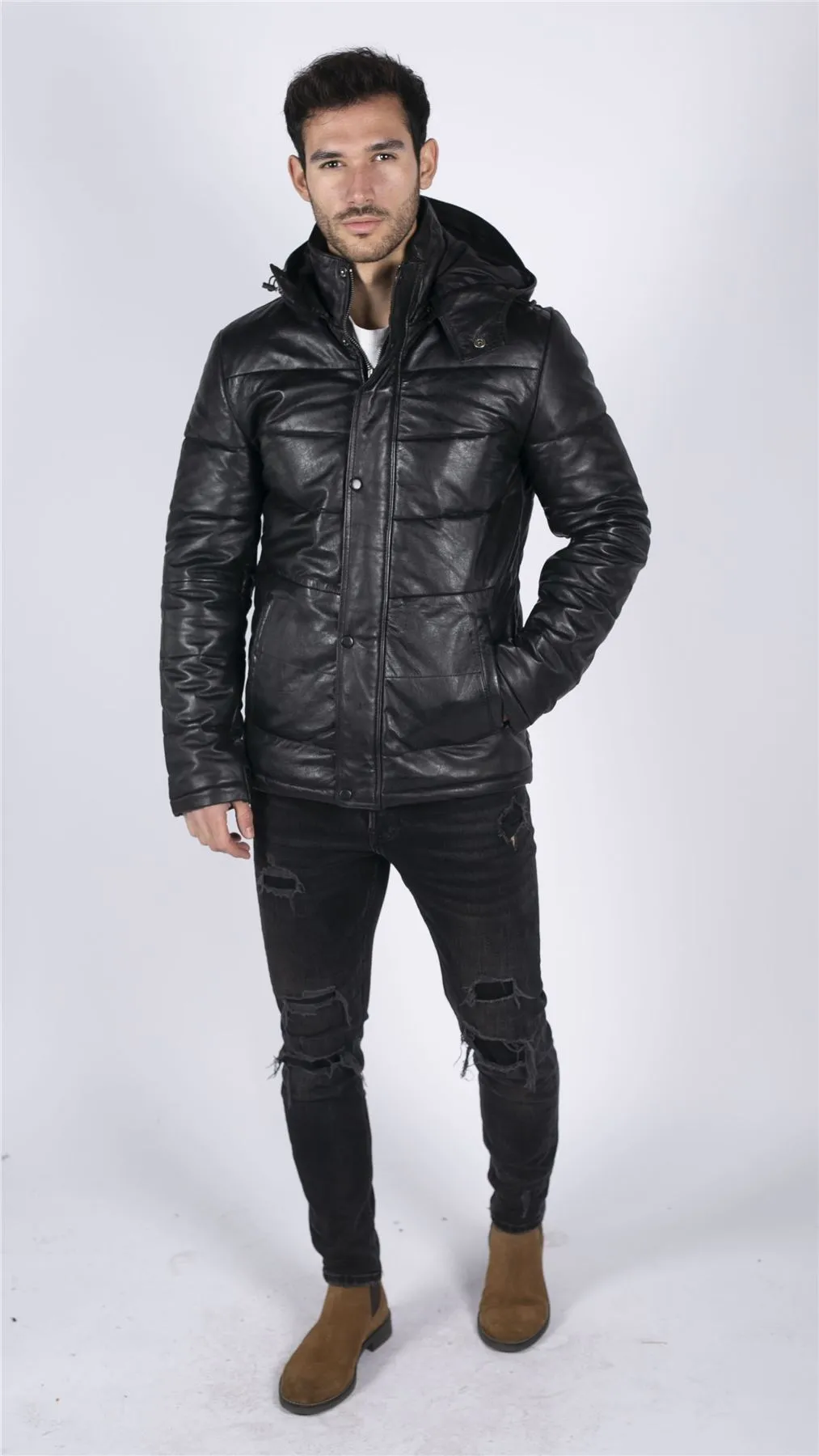 Men's Puffer Hood Quilted Jacket Leather Black 80s Classic