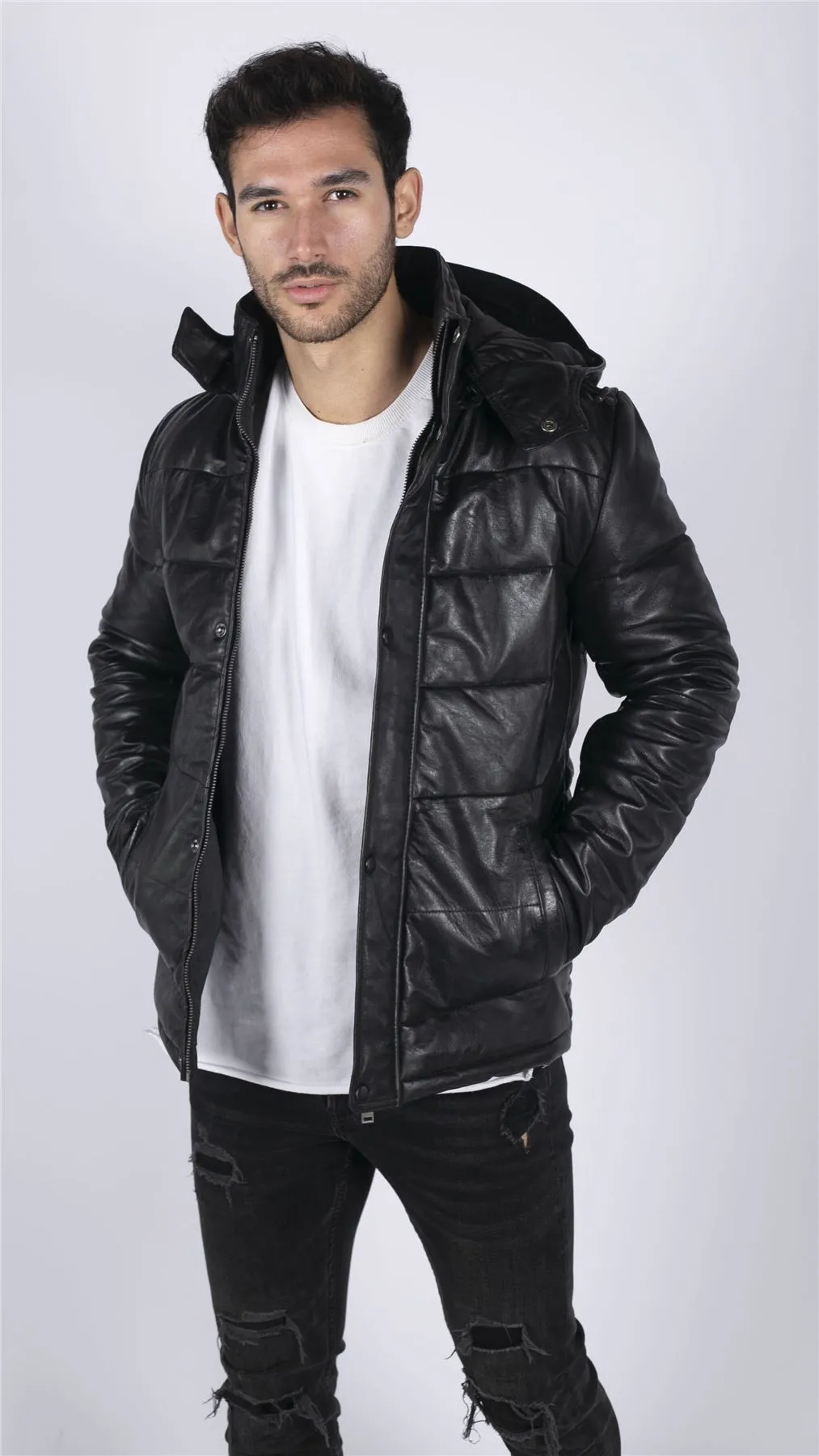 Men's Puffer Hood Quilted Jacket Leather Black 80s Classic