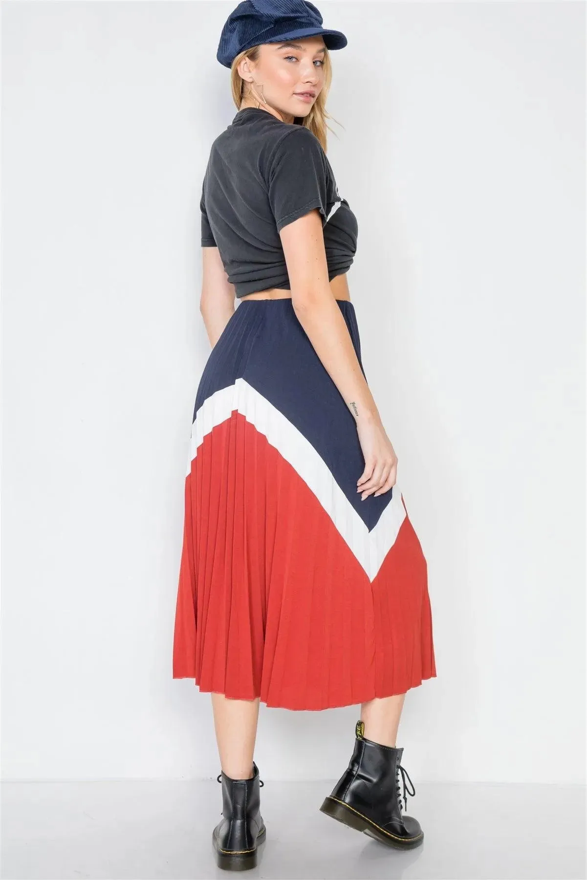 Navy Brick Accordion Colorblock Pleated Knit Skirt /3-2-1
