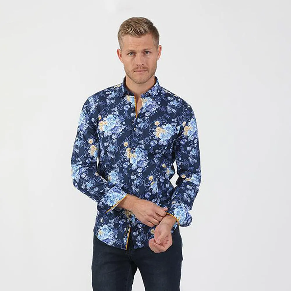 Navy Vine and Rose Button Down Shirt