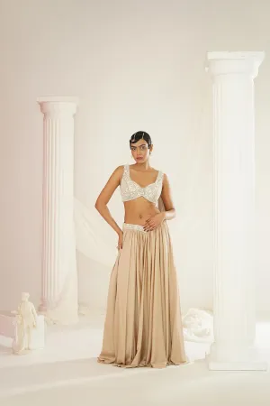Nude Embellished Lehenga, Blouse And Drape Dupatta