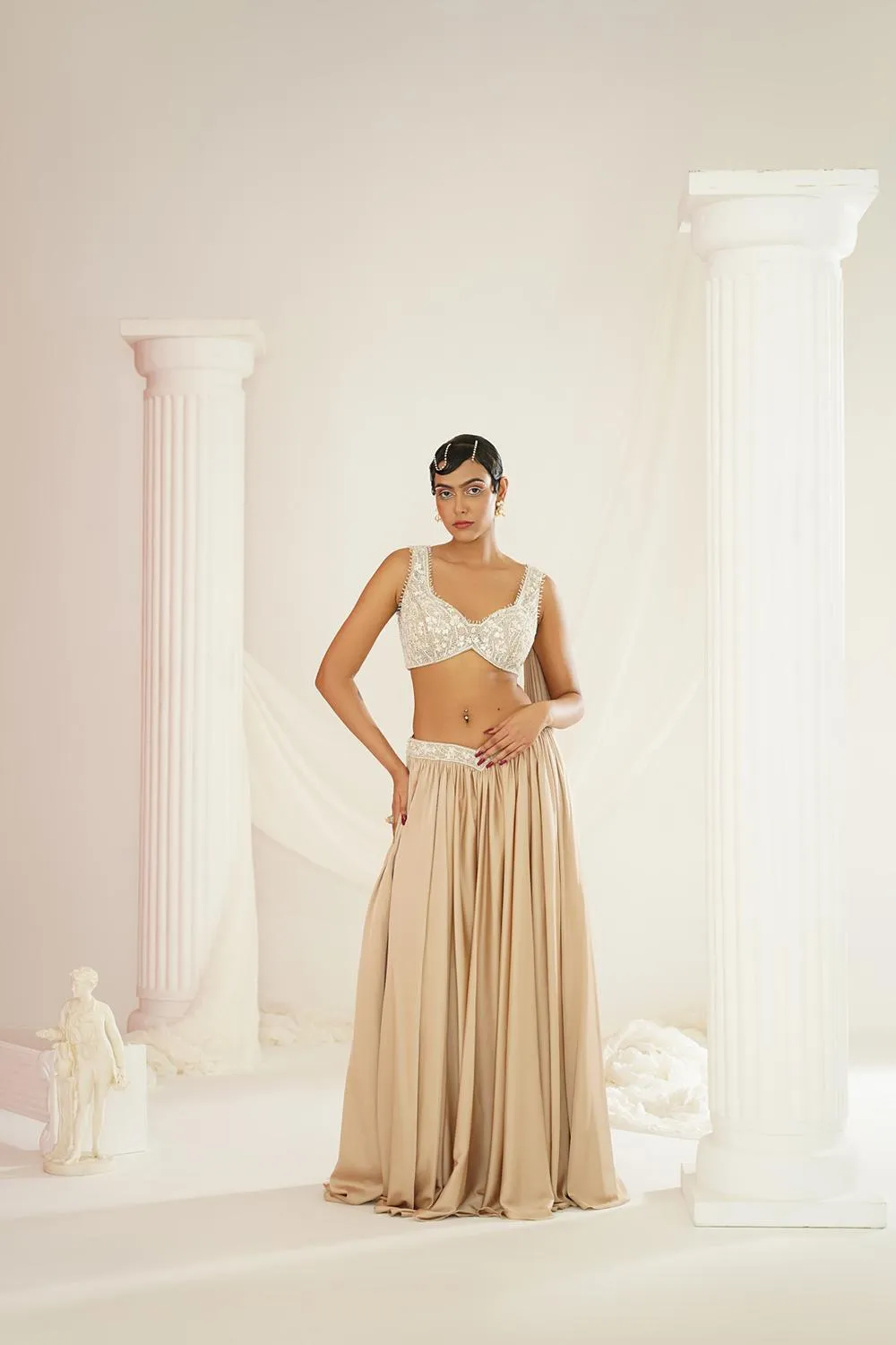 Nude Embellished Lehenga, Blouse And Drape Dupatta