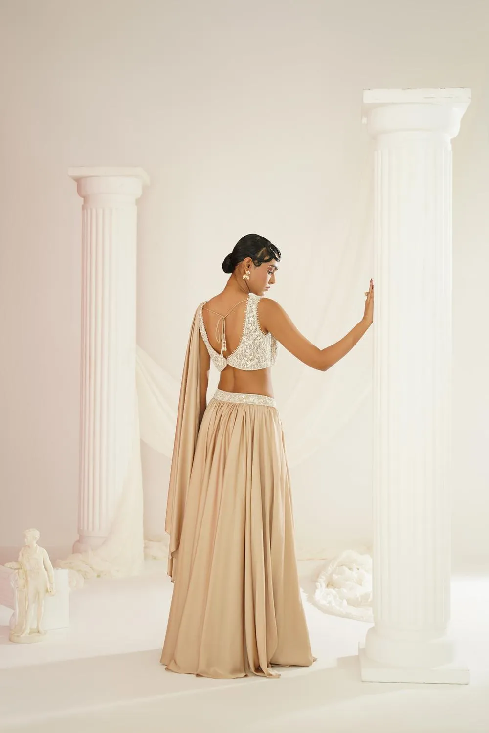 Nude Embellished Lehenga, Blouse And Drape Dupatta