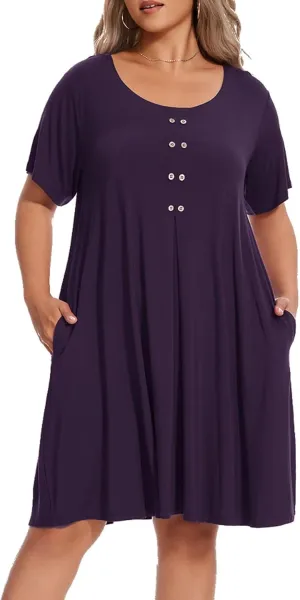 OVERWORETY Womens Short Sleeve Plus Size T-Shirt Dress Scoop Neck Button Up Swing A-Line Casual Dresses with Pocket