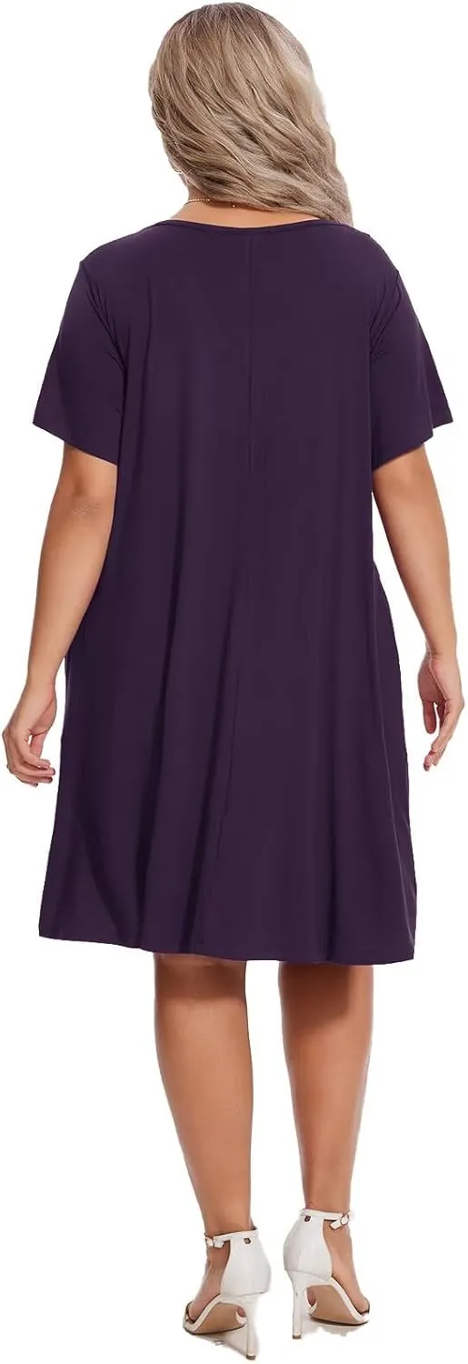 OVERWORETY Womens Short Sleeve Plus Size T-Shirt Dress Scoop Neck Button Up Swing A-Line Casual Dresses with Pocket