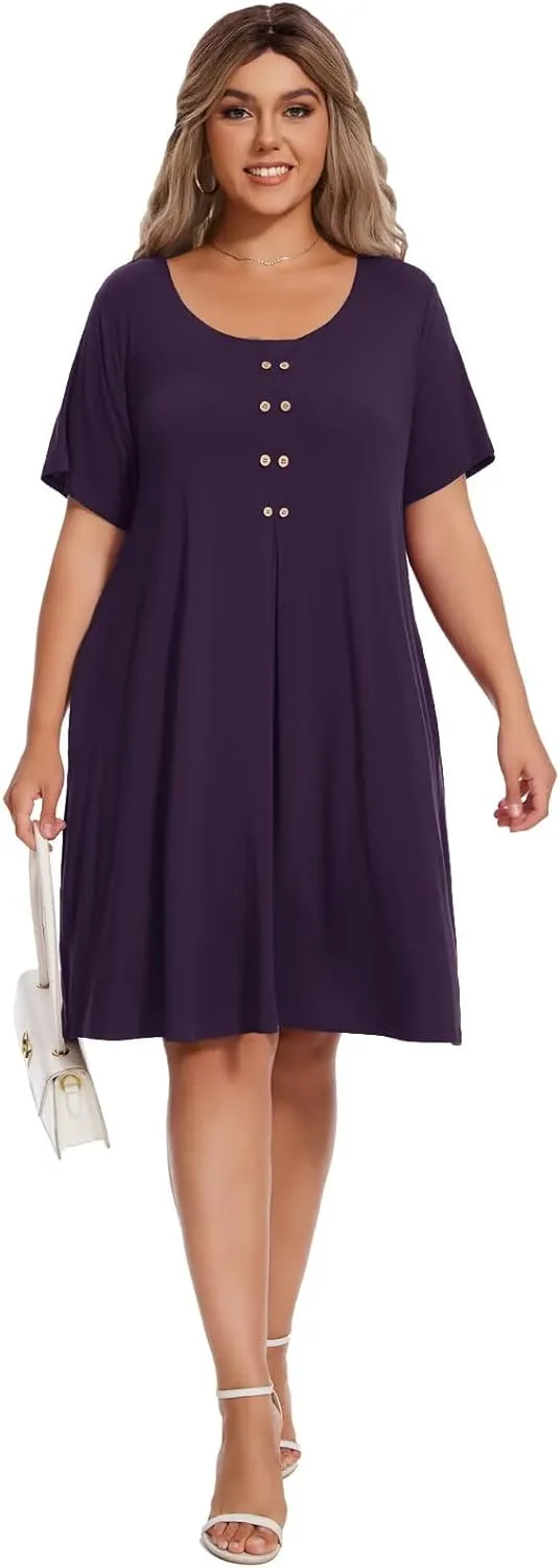 OVERWORETY Womens Short Sleeve Plus Size T-Shirt Dress Scoop Neck Button Up Swing A-Line Casual Dresses with Pocket
