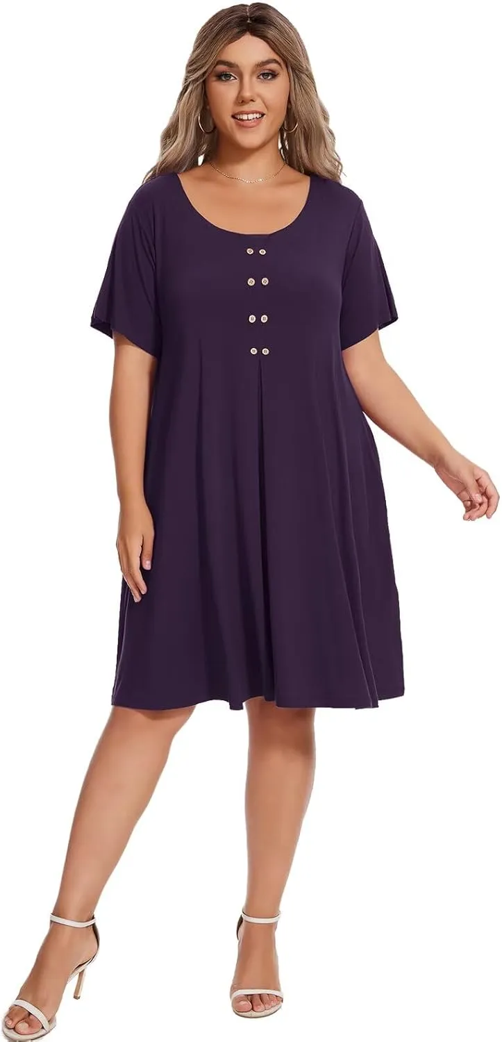 OVERWORETY Womens Short Sleeve Plus Size T-Shirt Dress Scoop Neck Button Up Swing A-Line Casual Dresses with Pocket