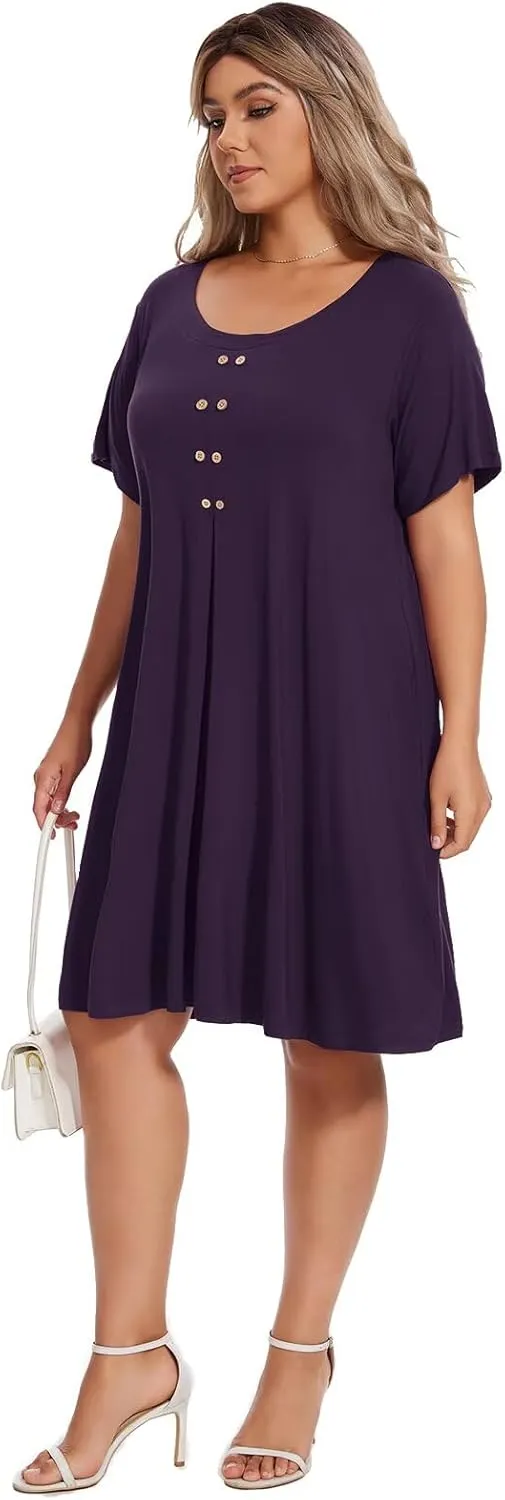 OVERWORETY Womens Short Sleeve Plus Size T-Shirt Dress Scoop Neck Button Up Swing A-Line Casual Dresses with Pocket
