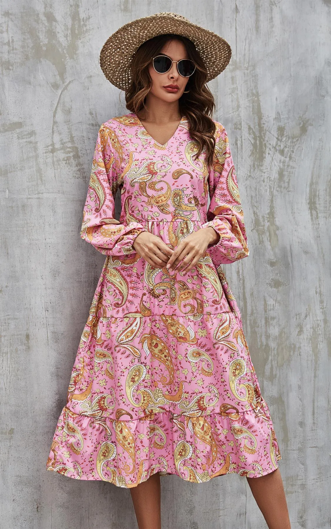 Paisley Print Tiered Long Sleeve Dress In Pink
