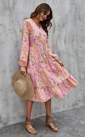 Paisley Print Tiered Long Sleeve Dress In Pink