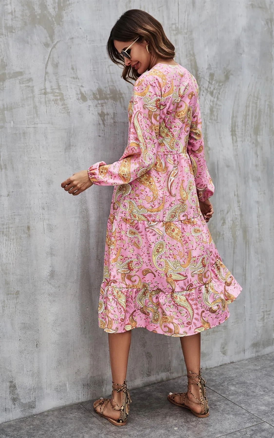Paisley Print Tiered Long Sleeve Dress In Pink