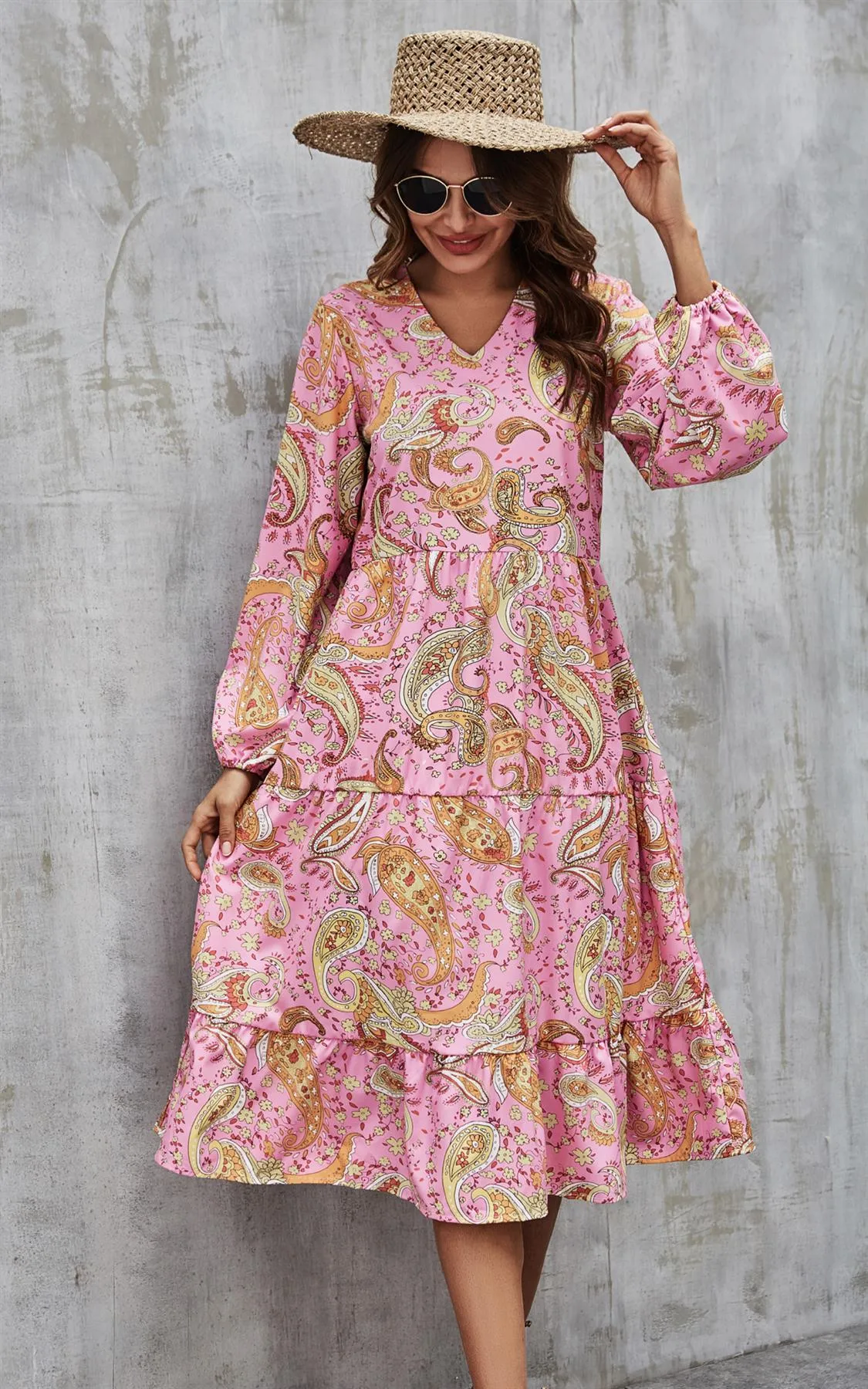 Paisley Print Tiered Long Sleeve Dress In Pink