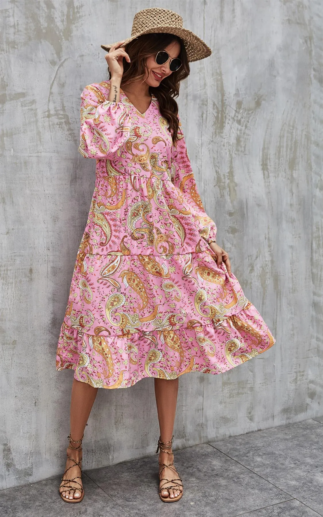 Paisley Print Tiered Long Sleeve Dress In Pink