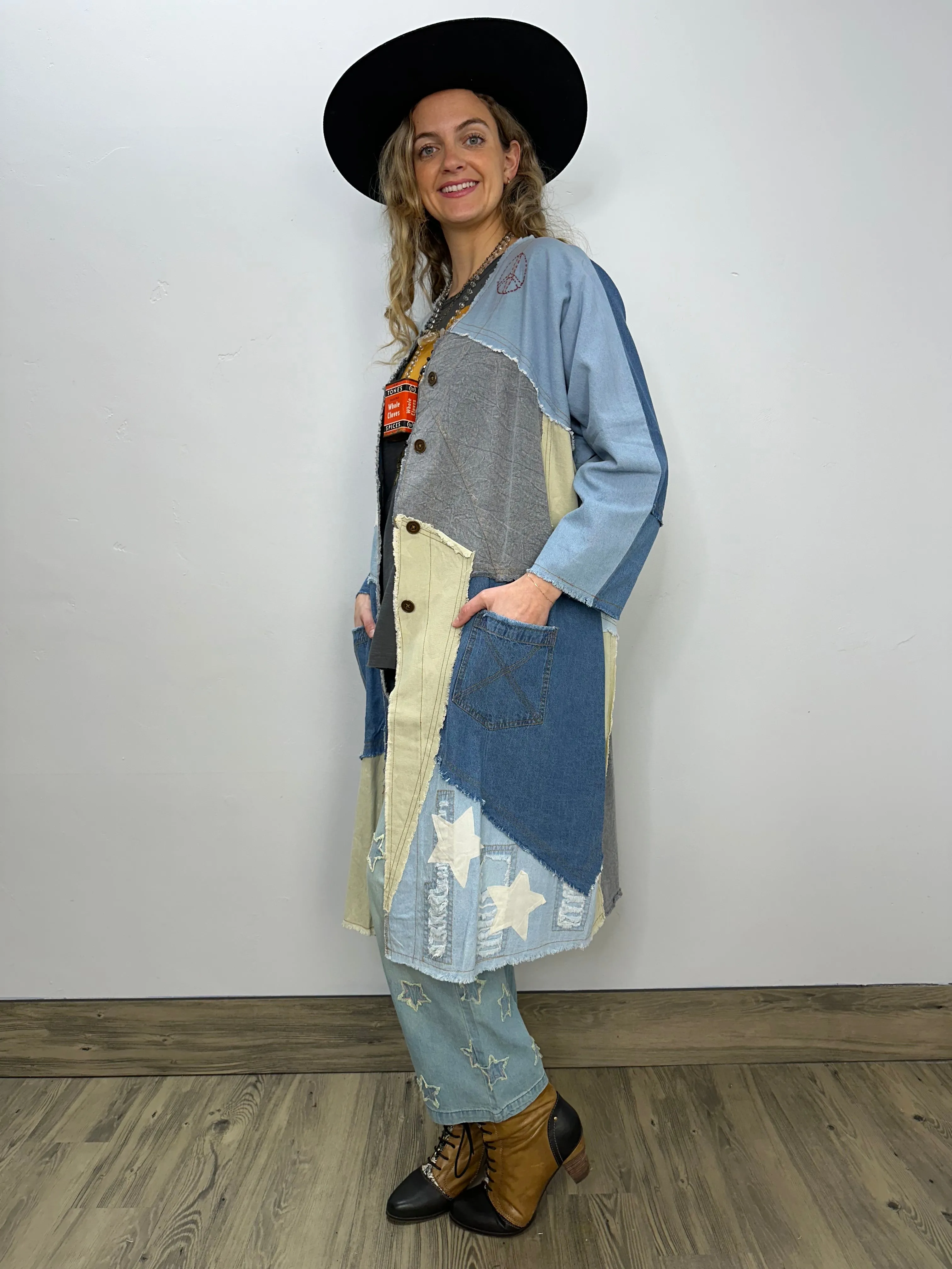 Patchwork Distressed Denim Jacket with Stars and Pockets