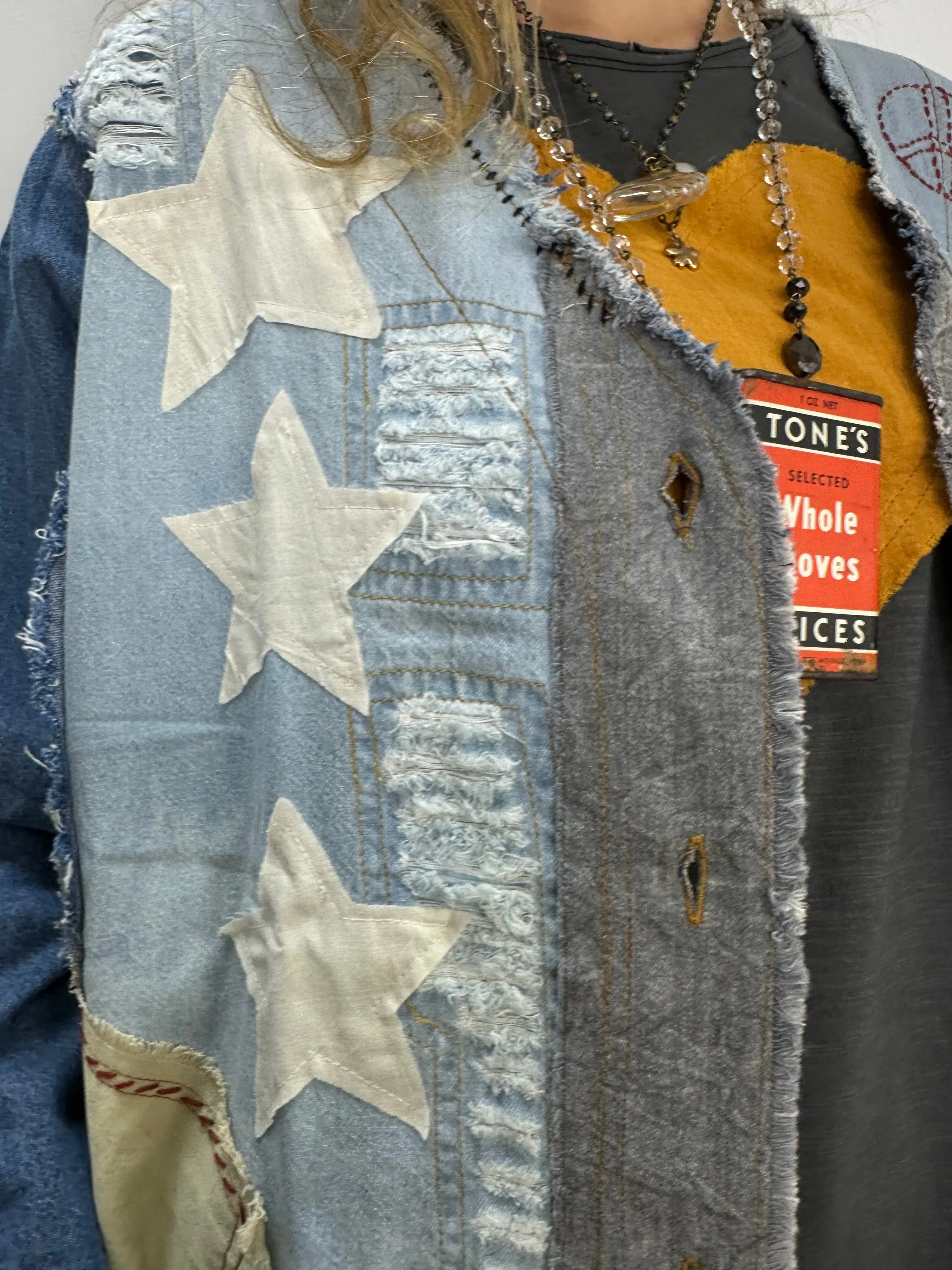 Patchwork Distressed Denim Jacket with Stars and Pockets