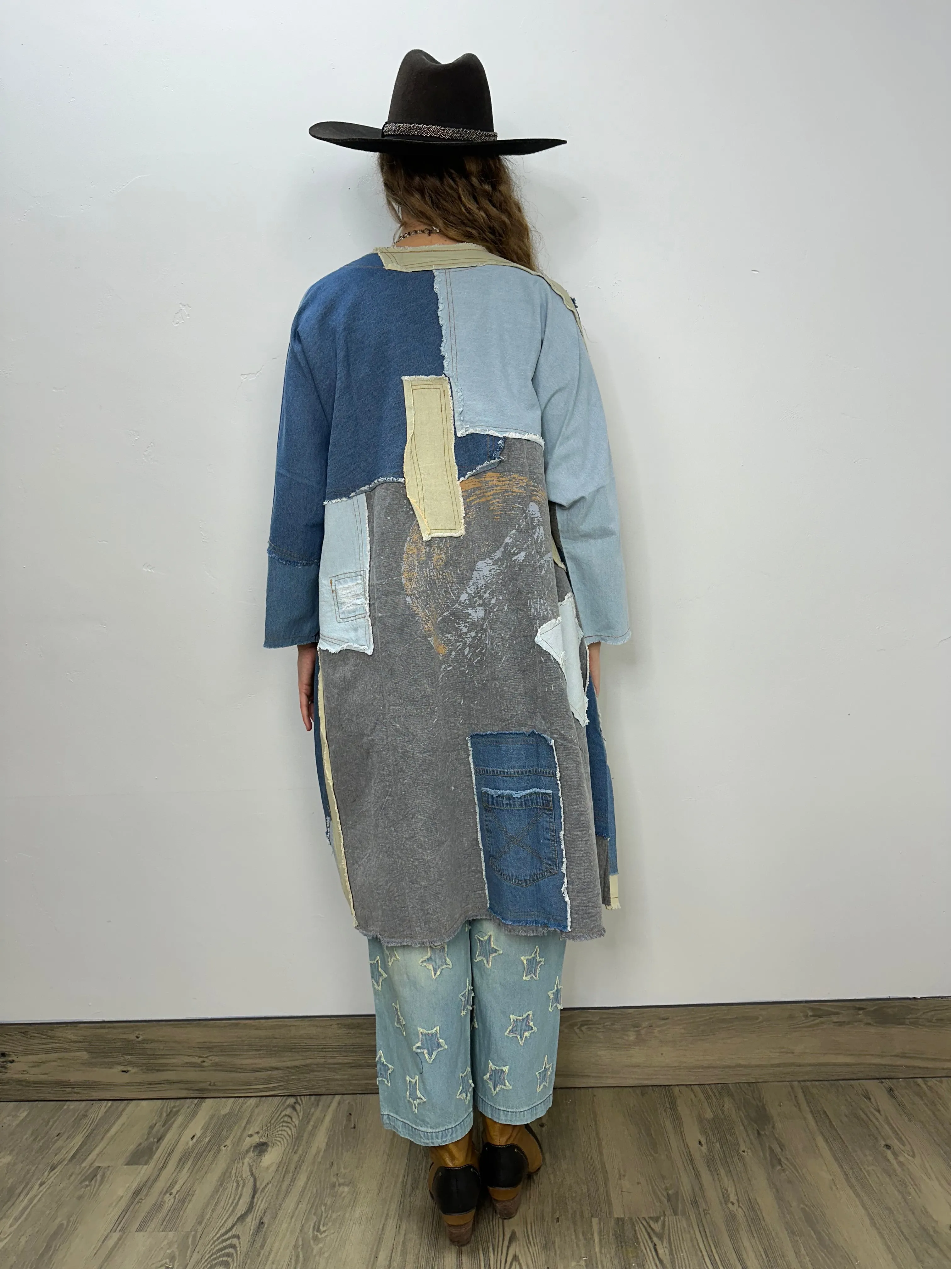 Patchwork Distressed Denim Jacket with Stars and Pockets