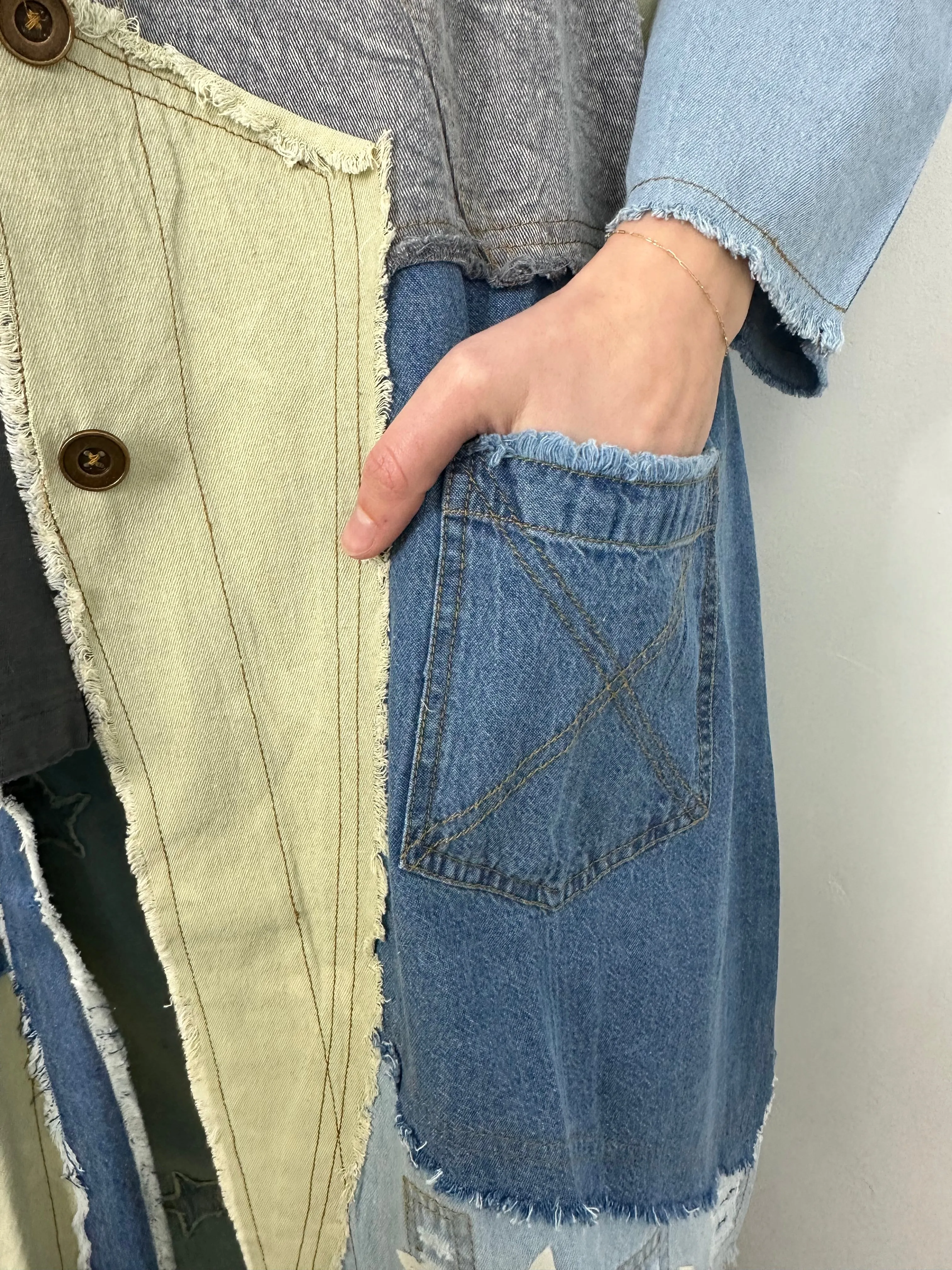Patchwork Distressed Denim Jacket with Stars and Pockets