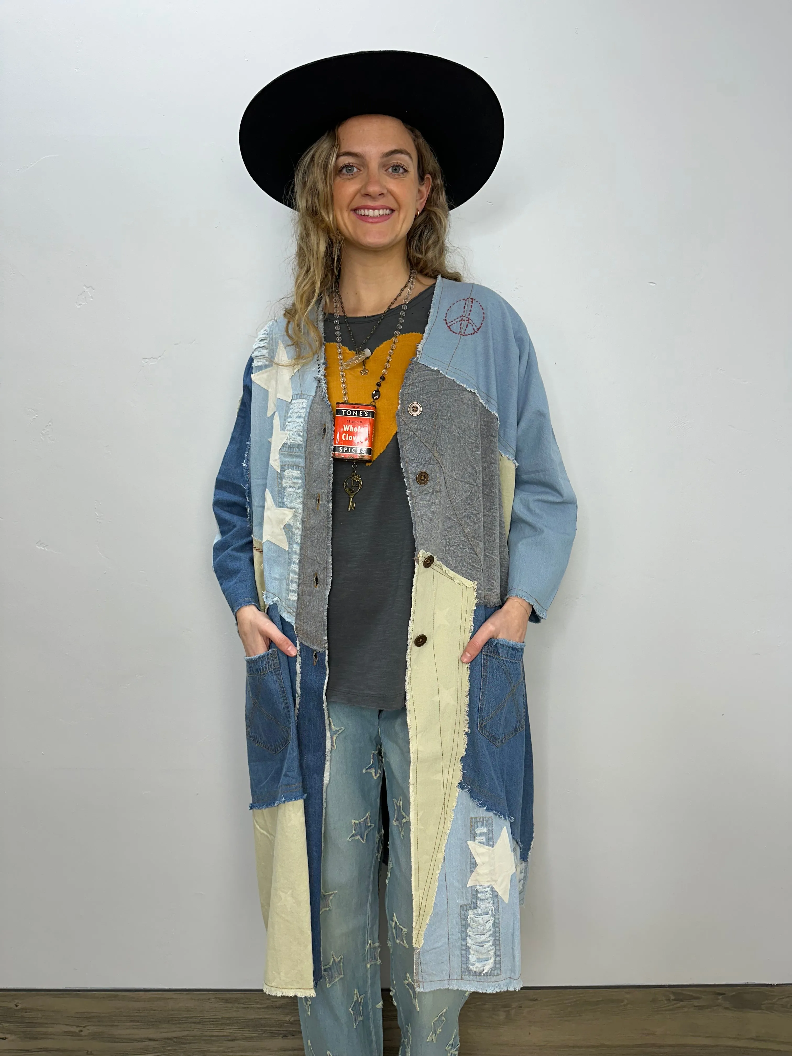 Patchwork Distressed Denim Jacket with Stars and Pockets