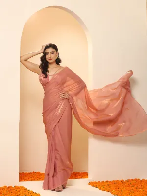 Pink Gold Metallic Satin Saree with Blouse Fabric