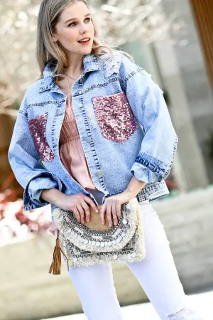 Pink Sequin Pocket Distressed Denim Jacket | Stuffology Boutique