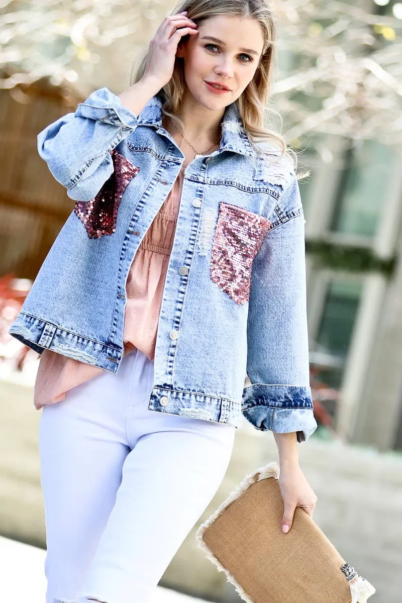 Pink Sequin Pocket Distressed Denim Jacket | Stuffology Boutique