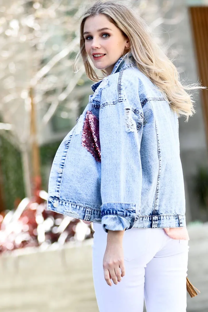 Pink Sequin Pocket Distressed Denim Jacket | Stuffology Boutique