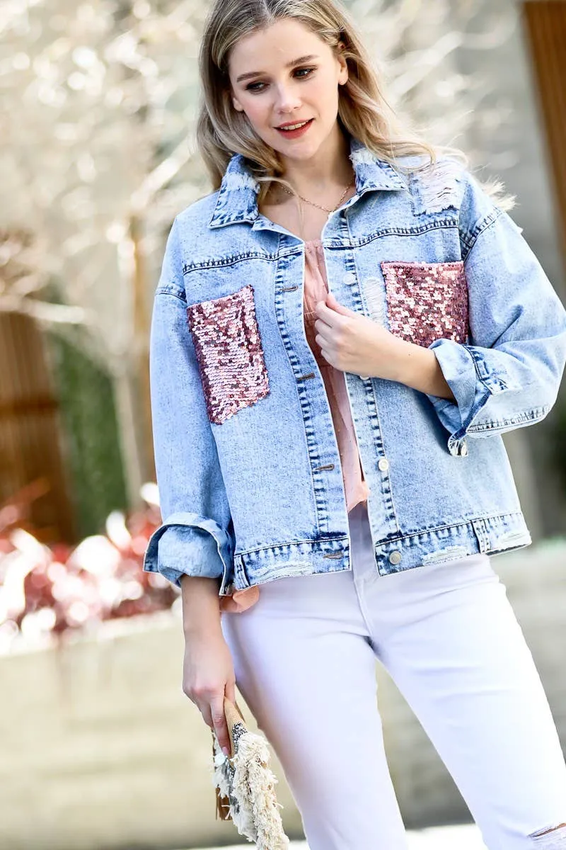 Pink Sequin Pocket Distressed Denim Jacket | Stuffology Boutique