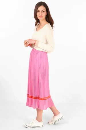 Pleated Midi Skirt with Orange Ribbon Trim in Hot Pink