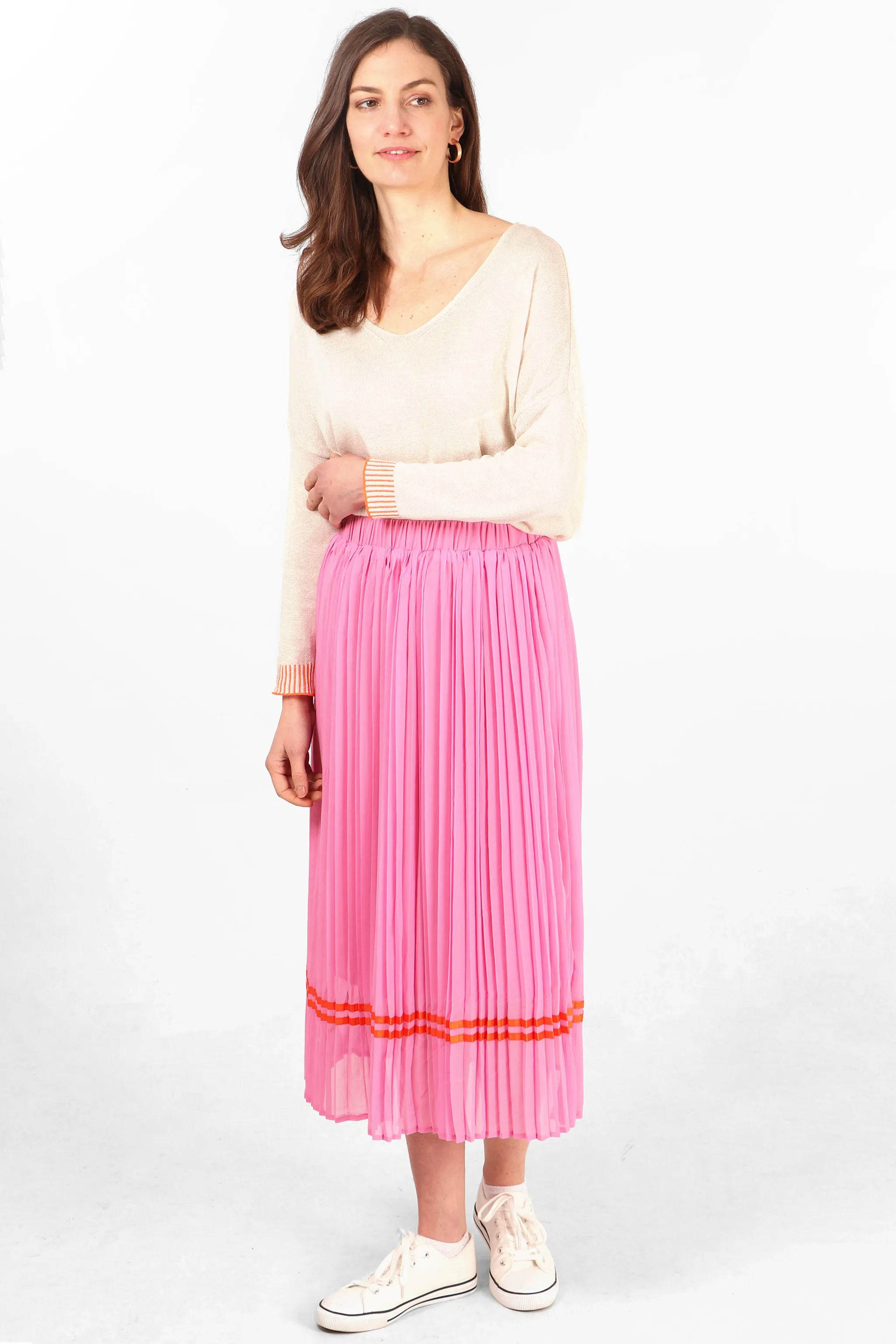 Pleated Midi Skirt with Orange Ribbon Trim in Hot Pink
