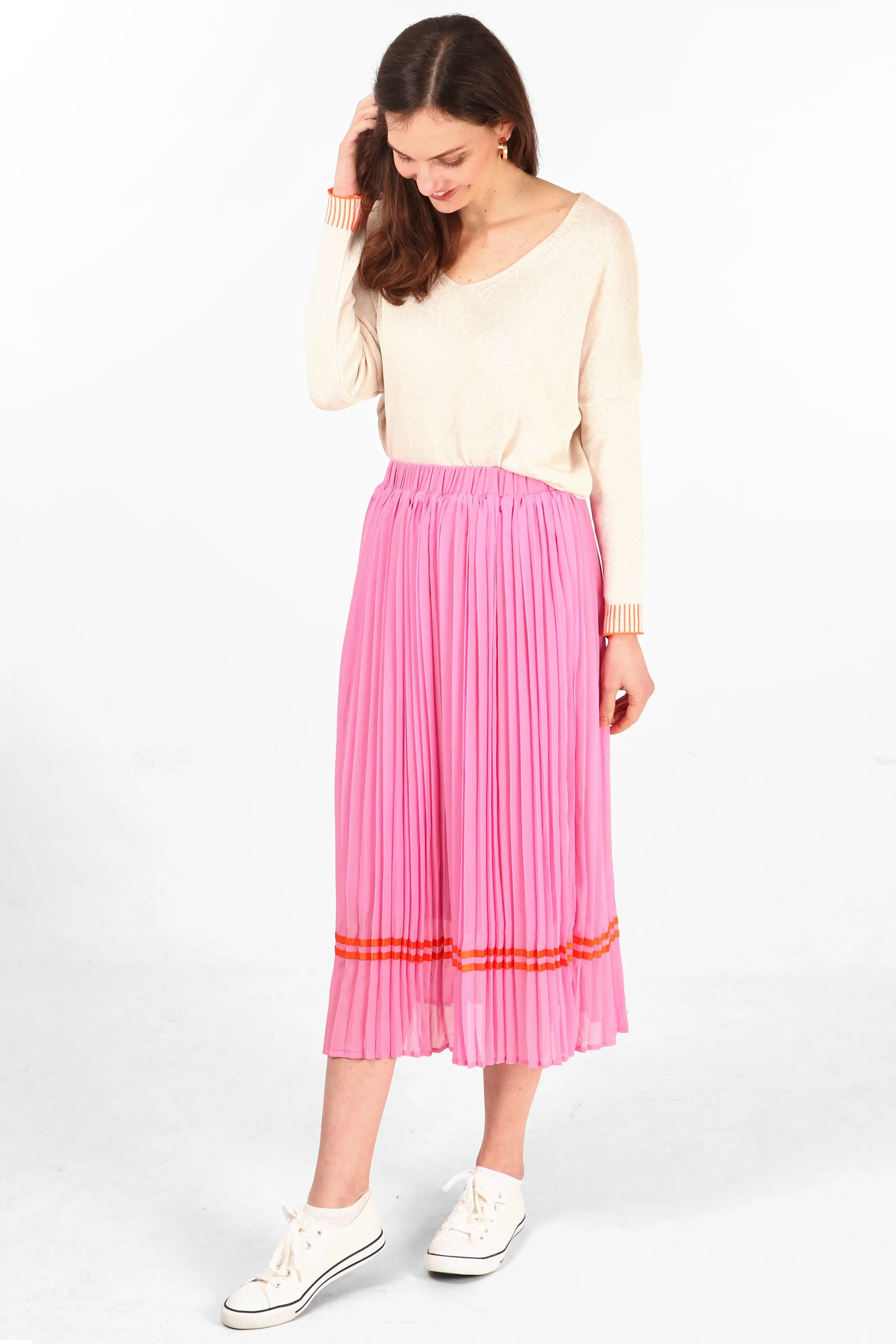 Pleated Midi Skirt with Orange Ribbon Trim in Hot Pink
