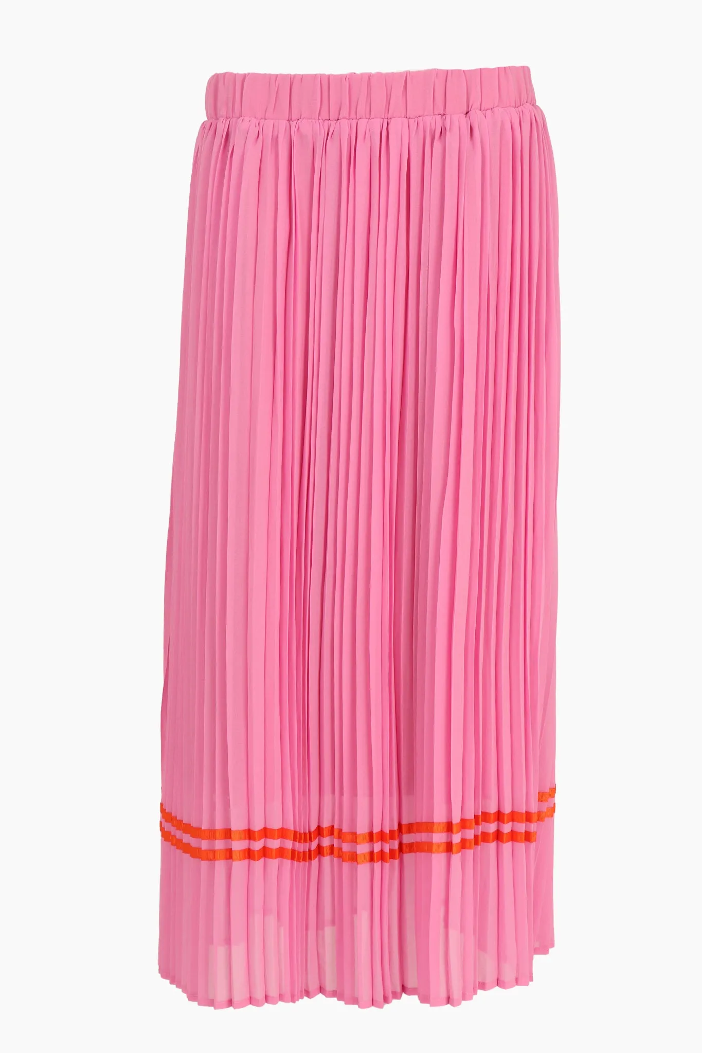 Pleated Midi Skirt with Orange Ribbon Trim in Hot Pink