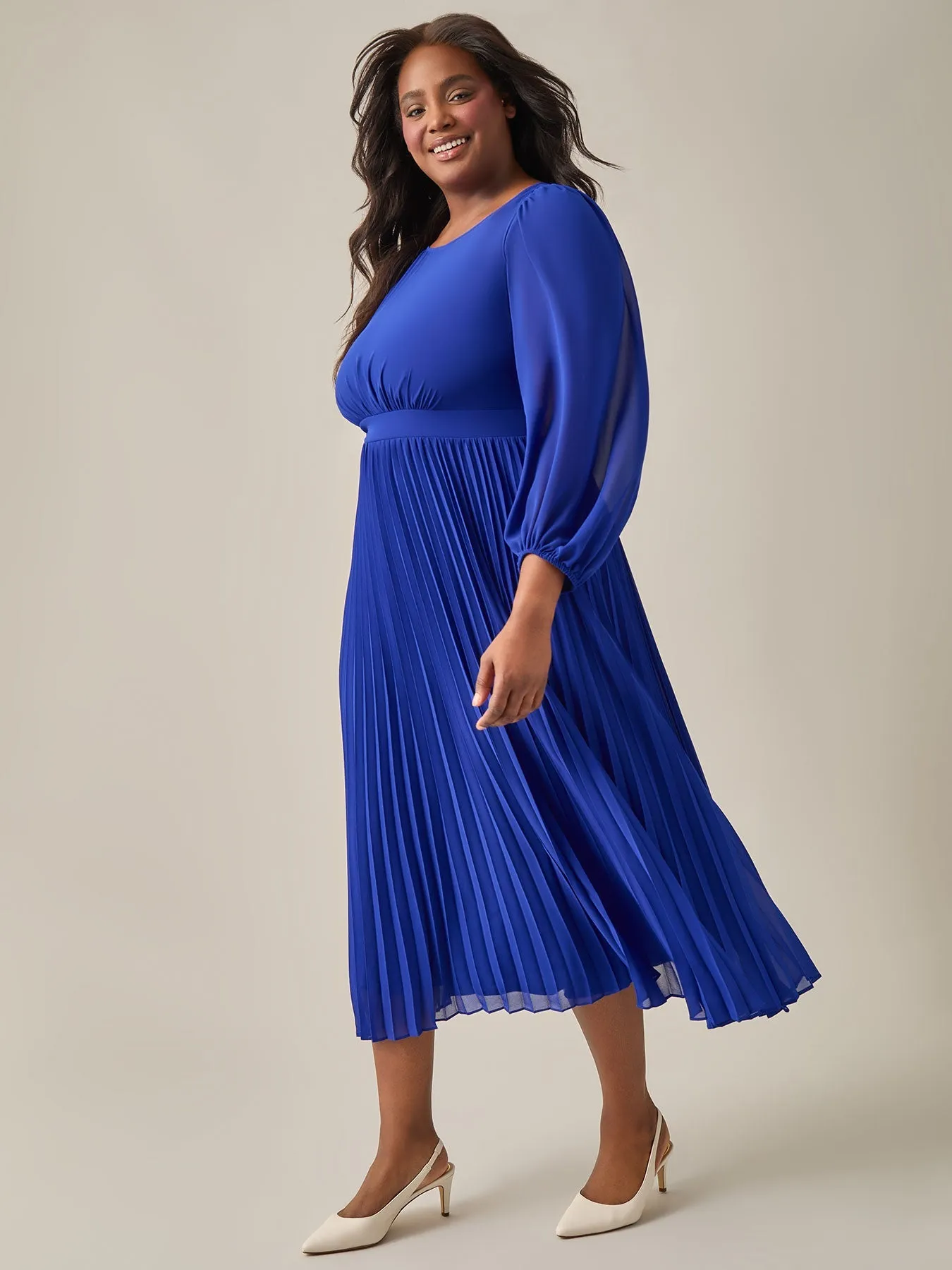 Plus Size A-Line Balloon Sleeve Midi Dress, Royal Signature